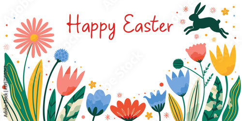 Modern abstract flowers and leaves background with Happy Easter greetings and bunny. Springtime frame background. 10