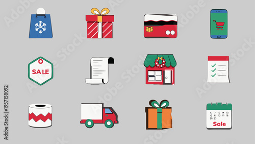 Set of Christmas shopping themed icons, minimalist geometric elements. Modern vector flat illustration.