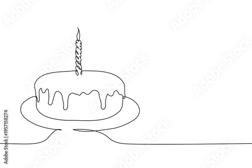 Birthday cake with a single burning candle on a plate, featuring large copy space for text, one line vector art