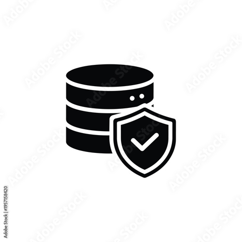 Secure database icon for cybersecurity and data protection, secure database shield symbol in black and white vector