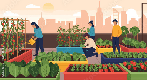 People tending to a vibrant rooftop garden with various plants.