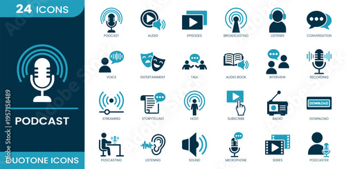 Podcast icon set. Microphone, audio, episodes, broadcasting, listener, conversation, interview, streaming, radio, subscribe and more. Duotone vector icons collection.
