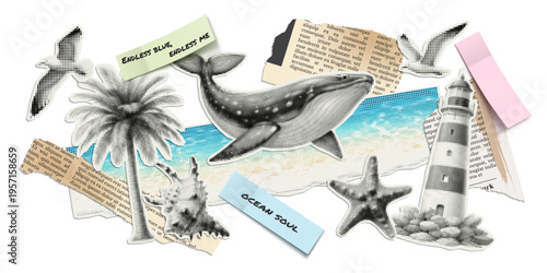 Vector summer and ocean illustrations cut out from magazines, scraps of old newspapers and stickers with quotes. Trendy retro elements with a halftone effect for collage, poster, banner, cover design.