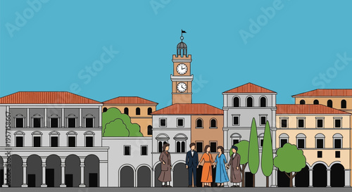 People walking in front of traditional European buildings with a prominent clock tower.