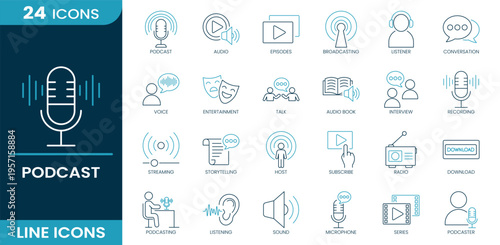 Podcast icon set. Microphone, audio, episodes, broadcasting, listener, conversation, interview, streaming, radio, subscribe and more. Line vector icons collection.
