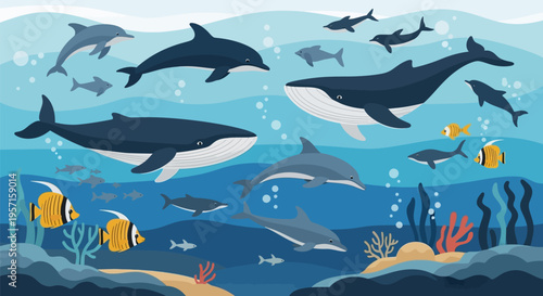 Diverse marine life including whales, dolphins, and fish swimming in the ocean.