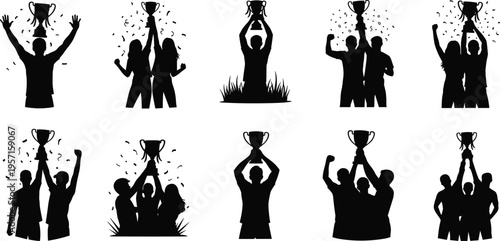 Champion team silhouettes holding trophy celebrating victory sports achievement winners celebration concept se