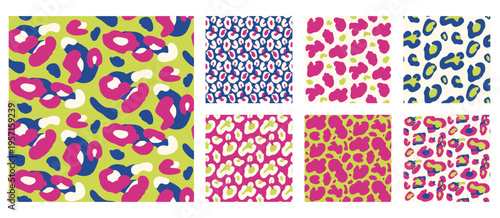 Animal pattern set with vibrant bold color for girly Y2K print. Seamless fuchsia and green animalistic pattern on blue background in kitsch. Vector repeat with punk naive scatter and freeform spots.