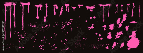 Graffiti spray drip and neon pink blob set on a dark background. Punk graffiti spray drips with splatter texture and ink splotch elements. Edgy vector collection for streetwear and music poster.