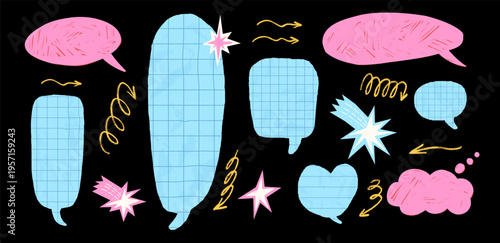 Paper cutout notebook chat bubbles. Heart, oval, rectangle shapes callout elements. Crayon speech dialogue comic talk effects with wrinkled paper texture. Vector blue, pink grid, ruled promo set.