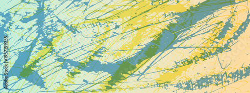 Risograph blue green yellow background. Riso print overlay with rough chaotic splashes. Grunge printmaking banner template. Vector urban street backdrop. Brush stroke scribble halftone effect bg.