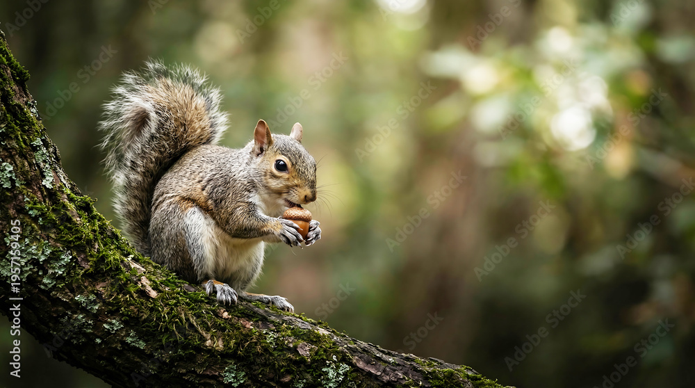 Fototapeta premium Eastern gray squirrel clutching a freshly gathered acorn while perched securely on a moss-covered tree branch enjoying lunch