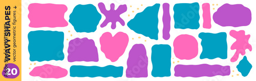 Irregular forms colorful geometric shapes. Wavy pink and purple rectangle, arch, square frames with blob for text. Arc, triangles box and blot. Flat set with heart, oval, quote block and stickers.