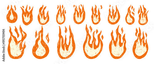 Hand-drawn crayon fire illustrations with grunge texture. Doodle brush flame icons in vibrant colors. Bonfire stickers for collage projects. Vector naive pencil punk rock element no background.
