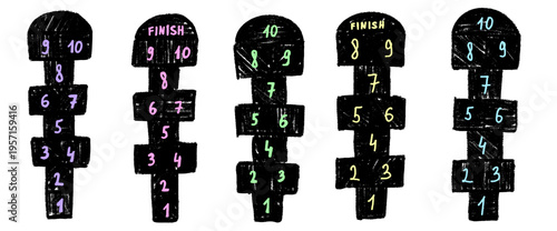 Hopscotch games pencil drawn set isolated on white background. Children playground outdoor entertainment. Vector black charcoal or chalk wax crayon handwritten illustration.