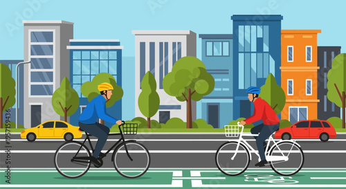 Two cyclists riding bicycles on a dedicated bike lane in a city.