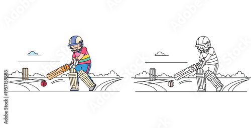 Cartoon cricket player batting colored illustration and black and white outline for coloring book