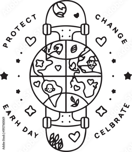 Earth Day skateboard vector illustration with globe and hearts line art