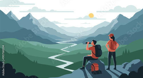 Two hikers exploring a vast mountain landscape with a winding river.
