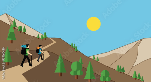 Two hikers with backpacks and walking sticks ascend a mountain trail.