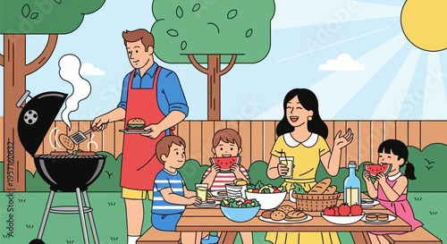 Family enjoying a backyard barbecue with father grilling and children eating.