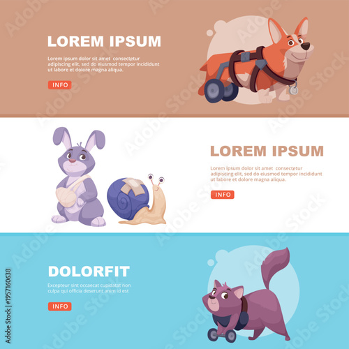 Animals disability. horizontal banners with cat dog and rabbit with damaged legs