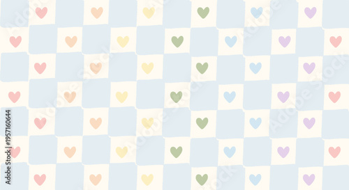 Pastel rainbow colored heart gingham pattern. Retro hand-drawn blue and white checkerboard background. Cute aesthetic design for pride, nursery decor, stationery, and social media. Vector illustration