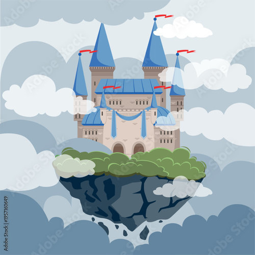 Castle in clouds. dark fantasy background with fairy tale castle on flying island