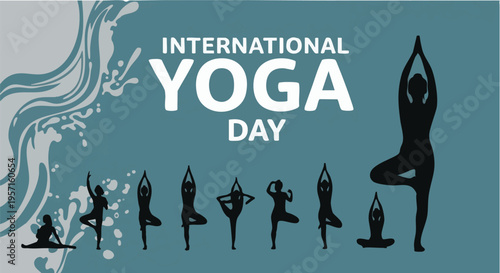 International Yoga Day celebration poster with silhouettes in blue background for wellness