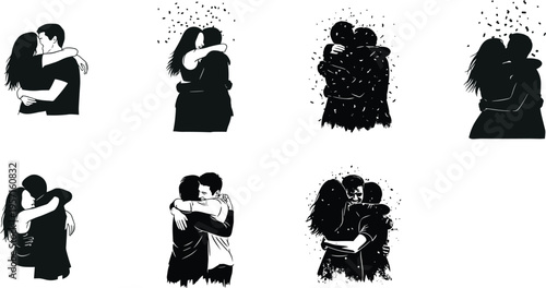 Collection of couple hugging silhouettes showing love, romance and emotional connection, people embrace icon set for relationship, affection and support