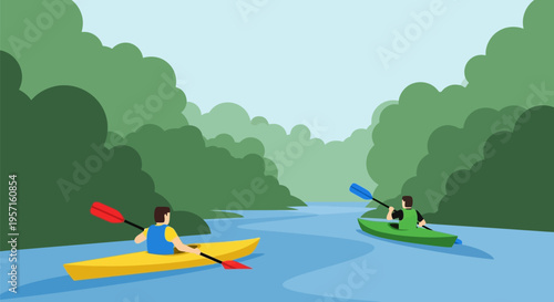 Two people kayaking on a river, enjoying a leisurely outdoor activity.