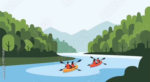 Two people kayaking on a river, enjoying a recreational outdoor activity.