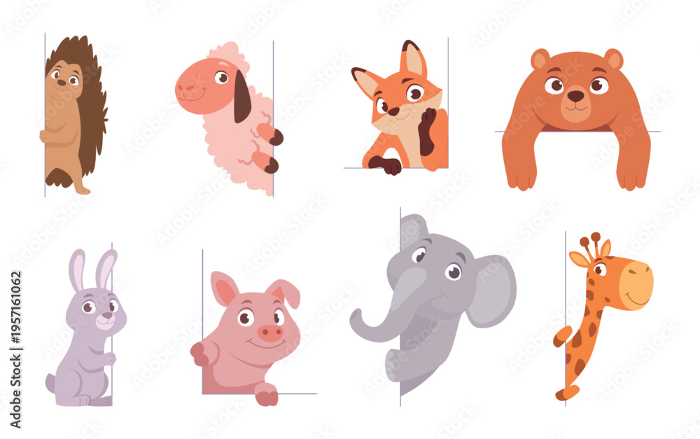Fototapeta premium Peeking animals. Different cute characters looking out exact vector banners template
