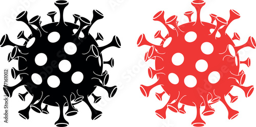 Coronavirus cell icon set in black and red colors, microscopic virus symbol illustration isolated on light background, pandemic infection healthcare warning concept design