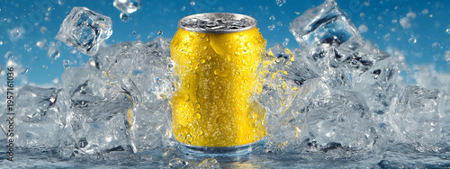 Vibrant Yellow Beverage Can Surrounded by Crashing Ice Cubes and Splashing Water, Emphasizing Ultimate Cold Refreshment on a Dynamic Blue Background
