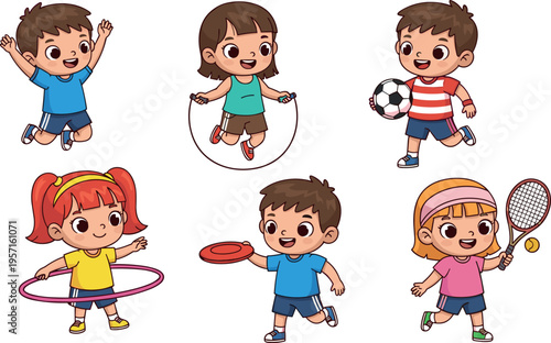 Cute cartoon kids playing different sports activities including soccer tennis frisbee and skipping rope, cheerful children character vector set isolated on light background