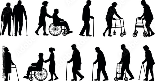 Elderly people silhouette set with walking cane, walker and wheelchair assistance poses, senior care and rehabilitation lifestyle collection isolated on light background for medical design