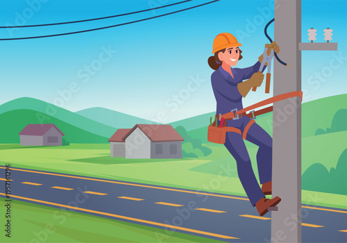 Electricians. Female characters installing wiring systems for electricity exact vector cartoon background