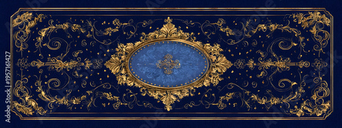 Exquisite ornate vintage blue and gold damask pattern with a central medallion, evoking luxury and regal elegance