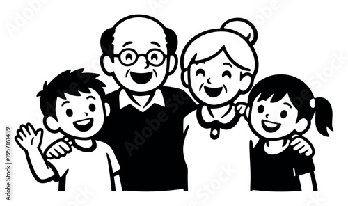 Happy grandparents embracing their grandchildren, boy waving. A smiling family portraying joy, care and togetherness