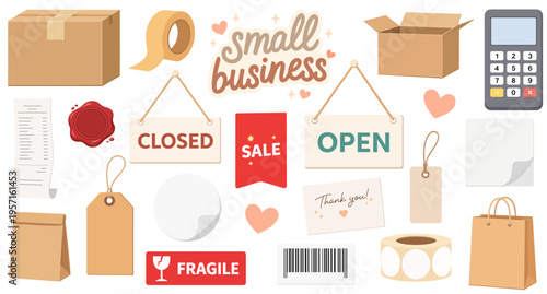 Small Business Set Packaging Box Open Closed Sign Sale Label Barcode Receipt Shop Supplies