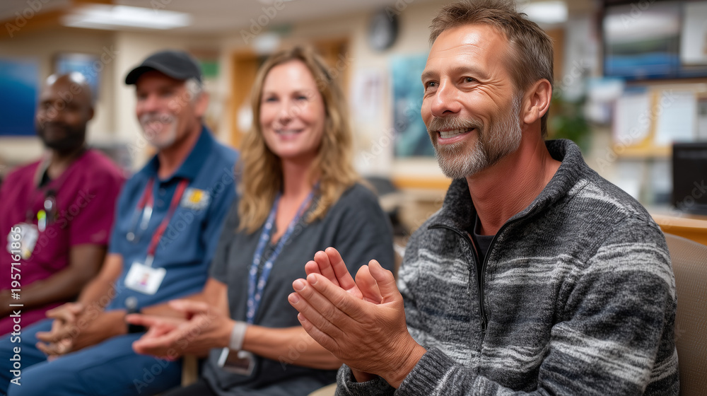 Obraz premium Bariatric surgery patient celebrating six-month milestone with support group in hospital community room, shared experiences, evening gathering, perfect for recovery community, surg