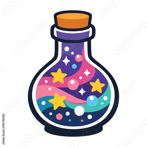 Bottle holding a mystical universe with swirling liquid, glowing stars, and bubbles, symbolizing magic, dreams, and imagination