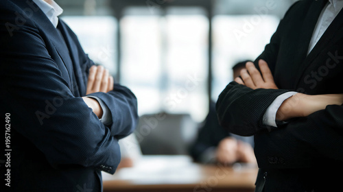 Two businessmen in suits stand opposite each other, their arms crossed over their chests, symbolizing business negotiations, competition, and tense relationships in a modern office.