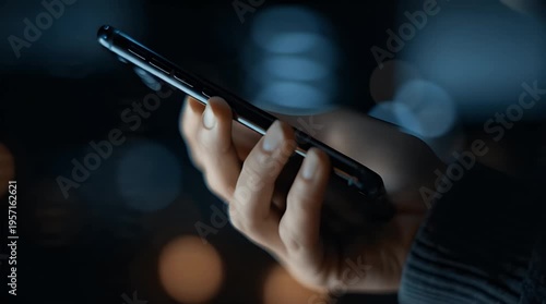 Close-up of hand holding smartphone in dimly lit environment