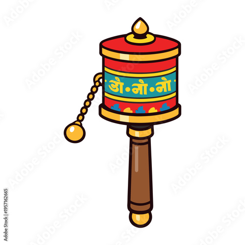 Handheld Tibetan prayer wheel featuring traditional colors and text, representing Buddhism, peace, and spiritual practice