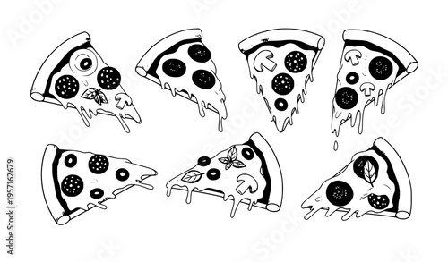 Set of six melting pizza slices cartoon vector illustration with various toppings isolated on white background
