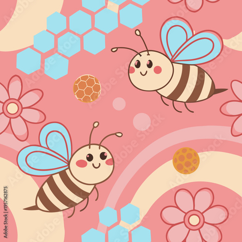 Cute cartoon bees on a pink floral background with honeycombs and flowers for a playful design