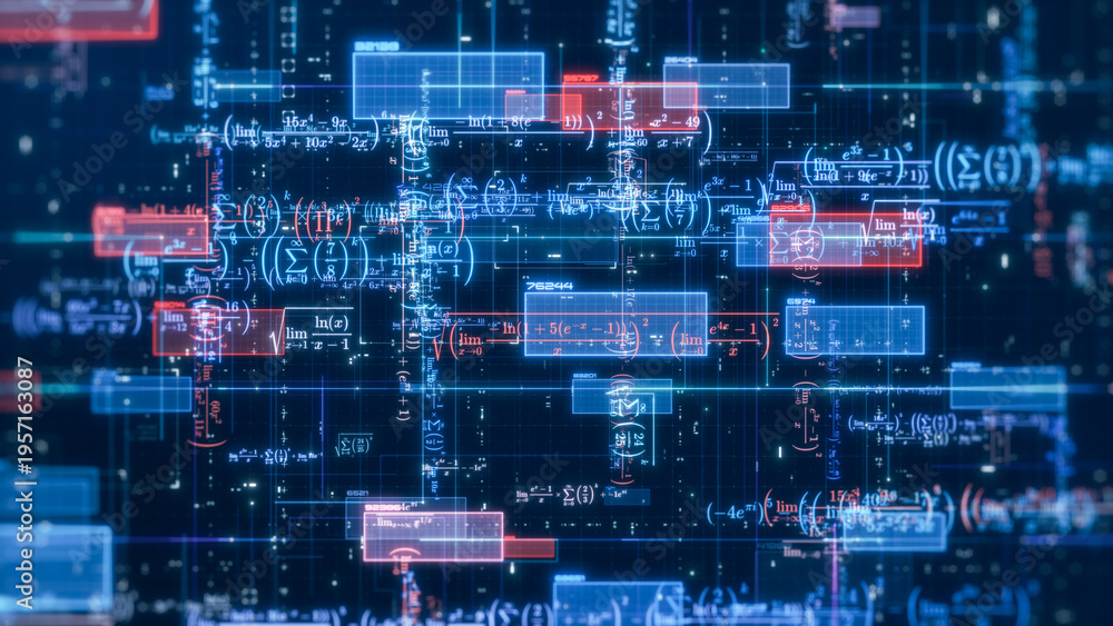 Fototapeta premium Complex futuristic network with math expressions and equations, concept of ai assistant, machine learning, neural network, science and technology (3d render)