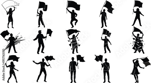 Collection of people holding waving flag silhouettes, protest and celebration crowd icon set representing activism, demonstration, victory and social movement